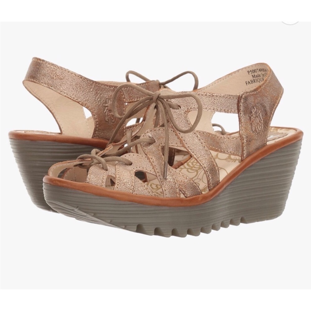 Fly London Yapi lace up wedge sandals Metallic bronze Size 40 = 9-9.5